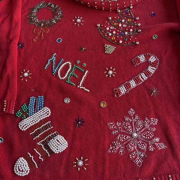 Victoria Jones Sweater Womens Large Christmas Embellished NOEL Beaded Festive - Picture 3 of 7
